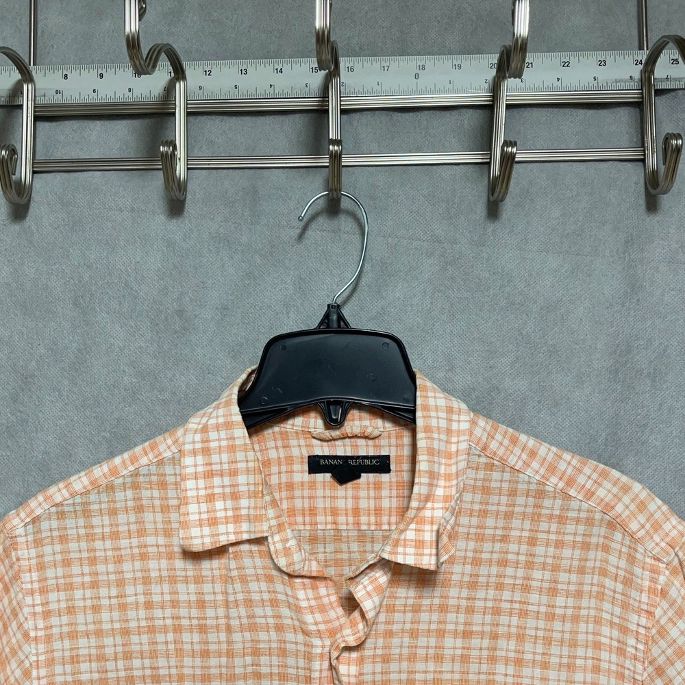 Banana Republic Shirt Men M Orange Check Linen Cotton Button Up‎ Casual Preppy